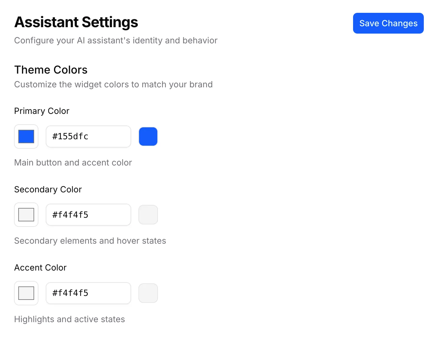 Widget appearance settings — brand colors, assistant name, greeting
