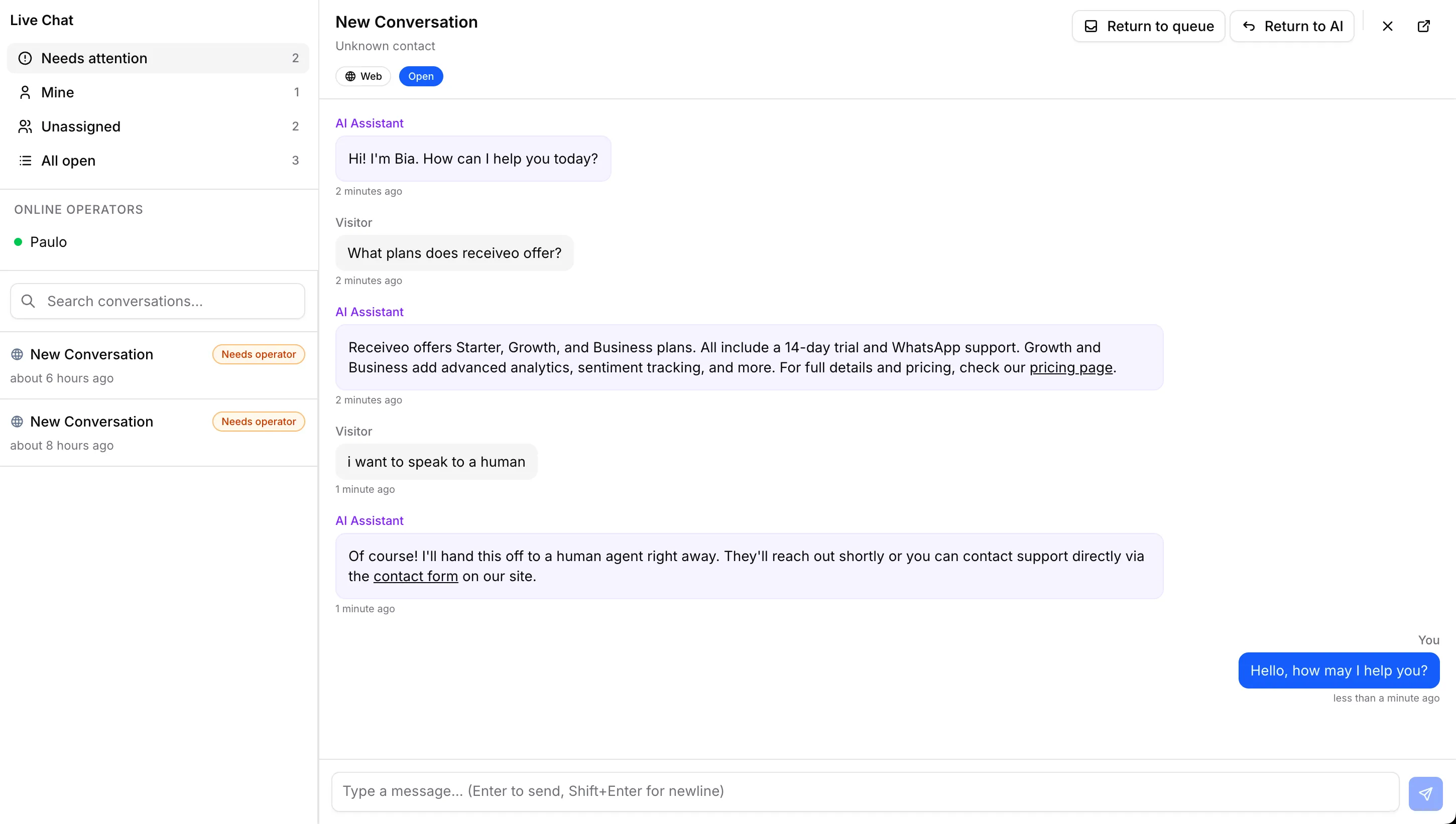 Operator handoff with conversation context and summary