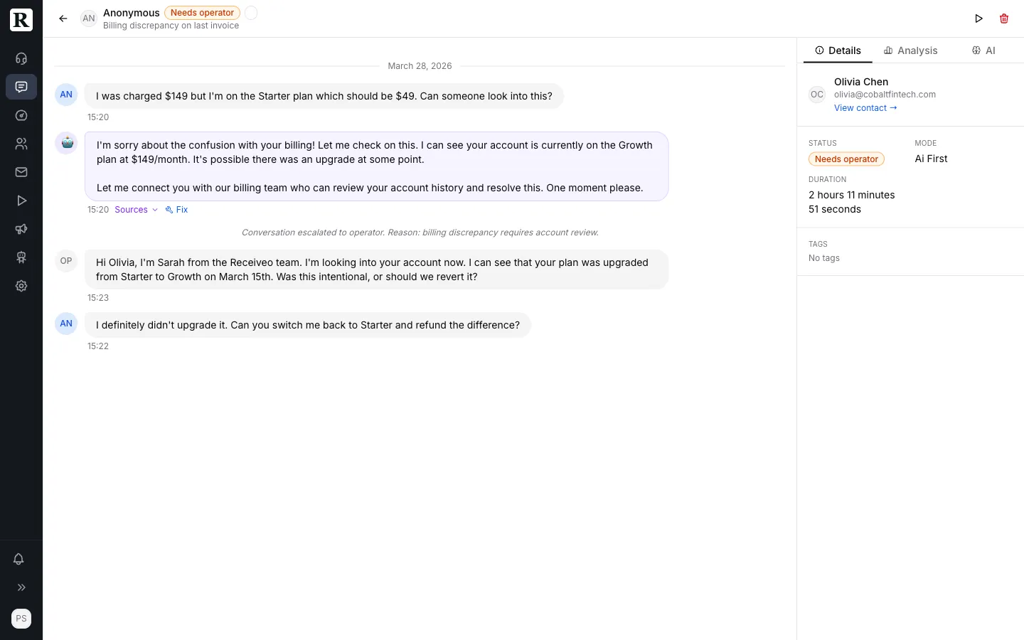 Receiveo conversation view showing real-time chat with customer context panel
