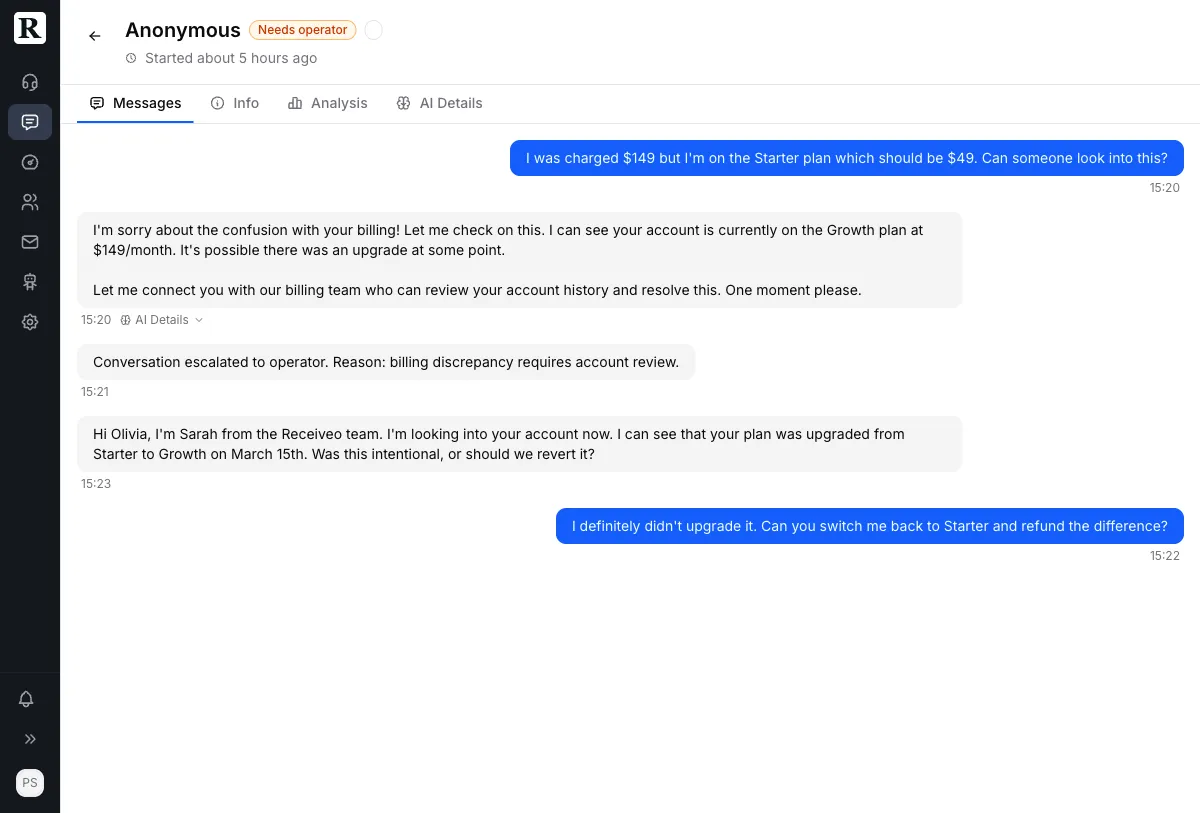 Conversation view showing AI response, escalation to operator, and full message history