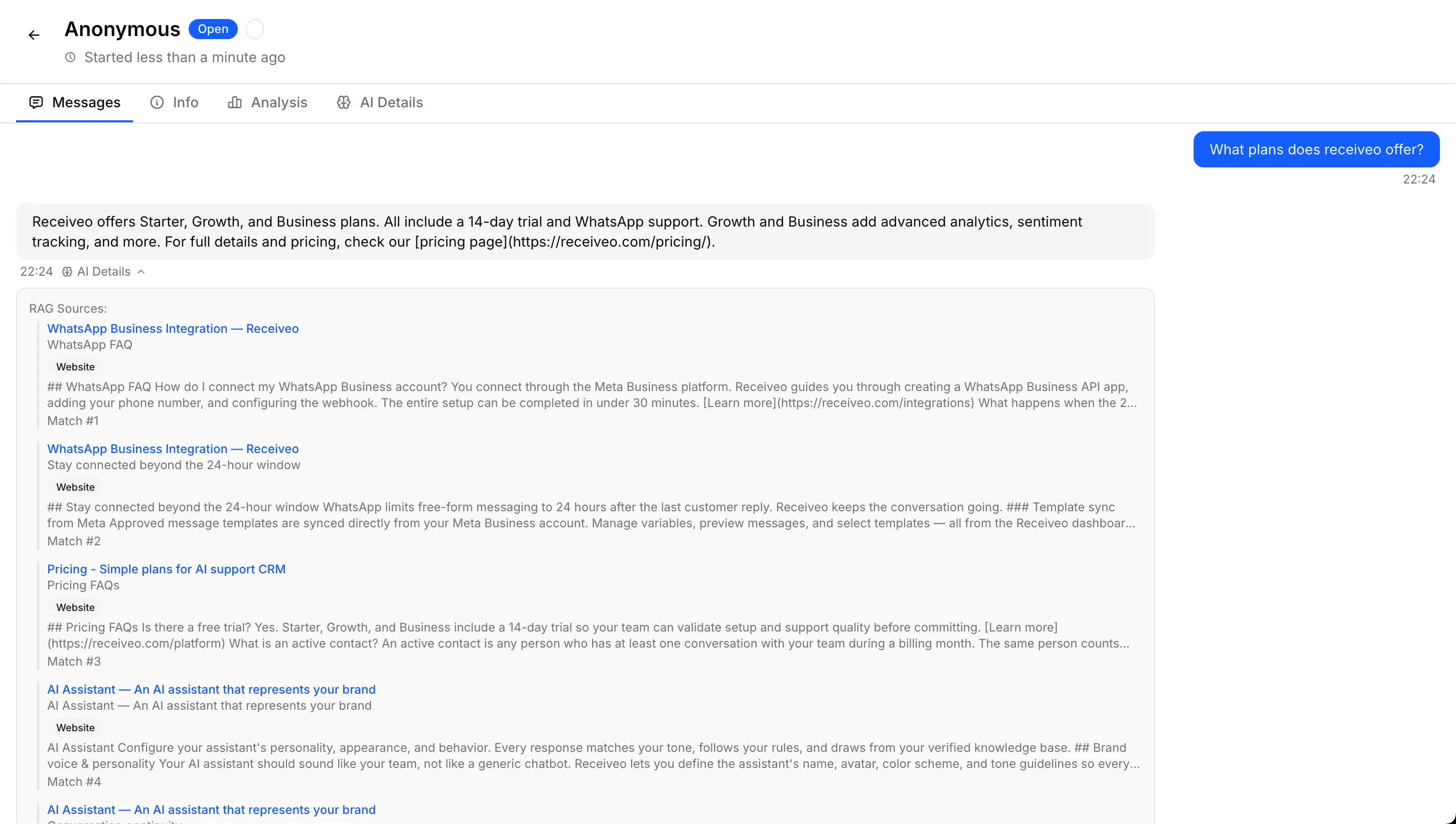 Chat conversation with sourced from docs badge